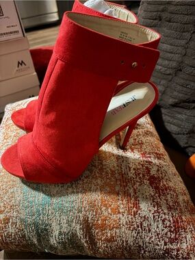 JustFab Red Suede Peep-Toe Ankle Cuff Stilettos